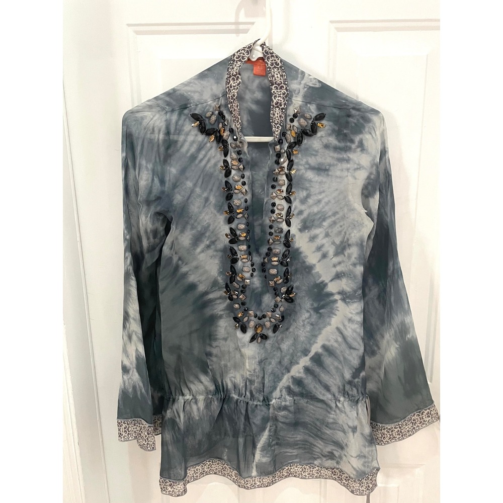 Hale Bob Cabana Grey Tie Dye Beaded Silk Blend Tunic Blouse XS Boho Crystal